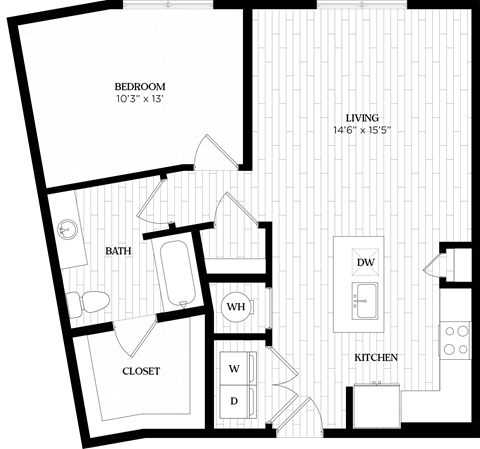 Floor plan for 1 bed, 1 bath, 860 sqft